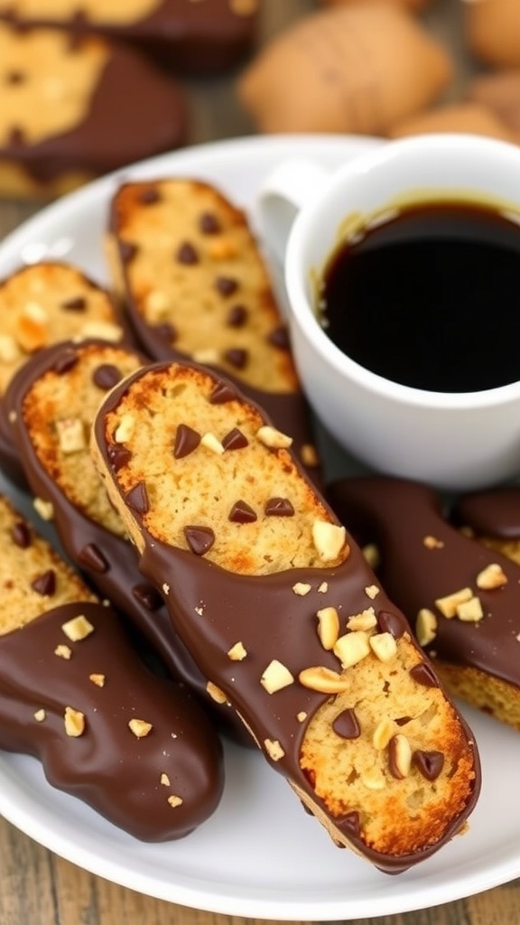 A delicious plate of chocolate dipped biscotti with nuts, served with coffee.